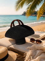 Azzuramare The Noiréa luxury black hat shaped beach bag with wooden handles