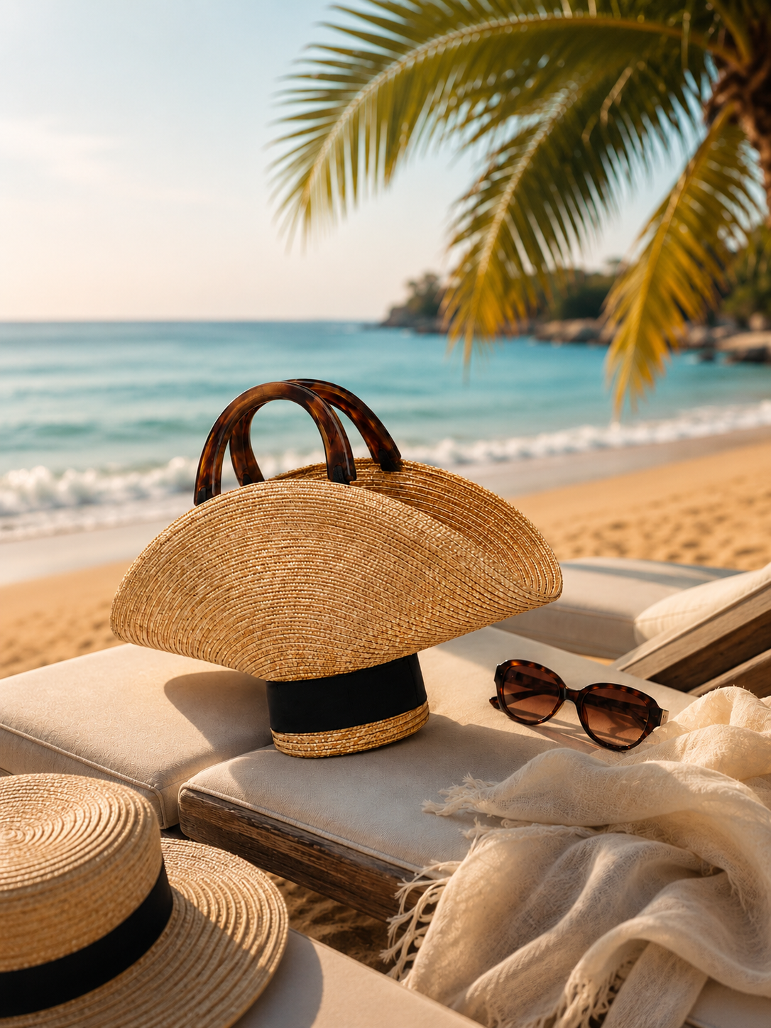 Azzuramare The Soléa luxury beige hat shaped beach bag with wooden handles
